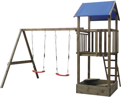 Marimex 224 x 346 cm Holz holz bestehend aus 2 Brettschaukeln Kletterturm aus Holz mit zwei roten Schaukeln, Spielturm mit blauem Dach und integriertem Sandkasten.