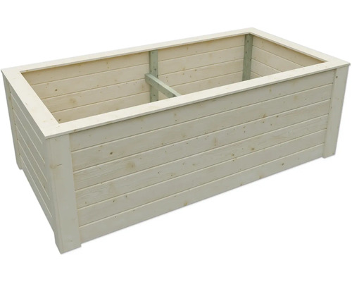 Rechteckiges Hochbeet aus hellem Holz mit stabilisierender Innenverstrebung.