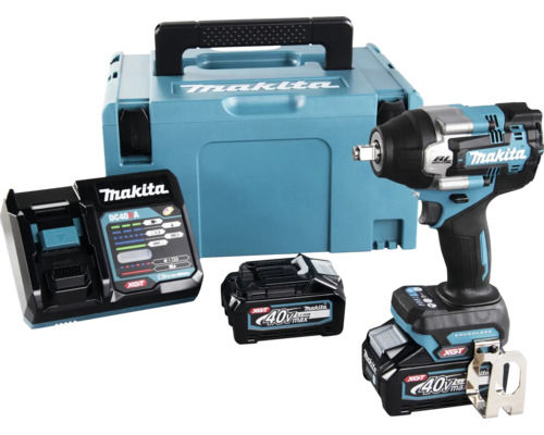 Makita Akku-Schlagschrauber Set mit zwei 40 Volt Max XGT Akkus, Ladegerät und Transportkoffer.