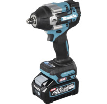 Türkis-schwarzer Makita Akku-Schlagschrauber XGT 40 Volt max mit bürstenlosem Motor und Lithium-Ionen-Akku.