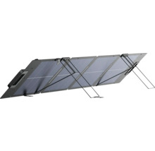 Faltbares Solarpanel mit vier Segmenten und integrierten Stützfüßen für den mobilen Einsatz.