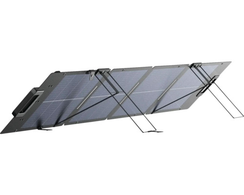 Faltbares Solarpanel mit vier Segmenten und integrierten Stützfüßen für den mobilen Einsatz.
