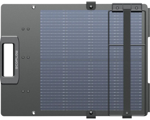 Zusammengeklapptes tragbares EcoFlow Solarpanel mit Tragegriff, EcoFlow Logo und strukturierter Oberfläche.