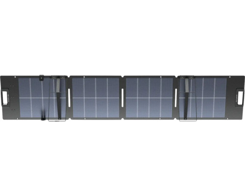 Faltbares EcoFlow Solarpanel mit vier Modulen, integrierten Griffen und Standfüßen für die mobile Stromerzeugung.