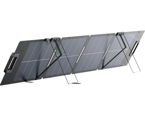 Faltbares Solarpanel mit vier Modulen und ausklappbaren Standfüßen für die mobile Stromerzeugung.