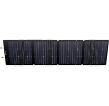 Faltbares Solarpanel mit vier Modulen und integrierten Standfüßen für die mobile Stromversorgung.
