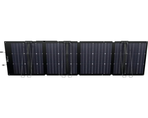 Faltbares Solarpanel mit vier Modulen und integrierten Standfüßen für die mobile Stromversorgung.