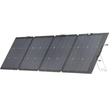 Faltbares Solarpanel mit vier Modulen und integriertem Ständer sowie Anschlusskabeln.