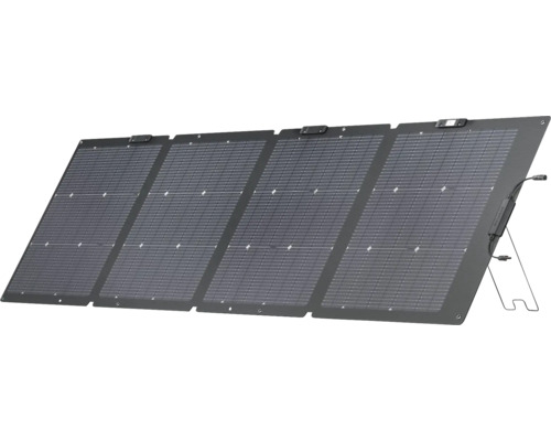 Faltbares Solarpanel mit vier Modulen und integriertem Ständer sowie Anschlusskabeln.