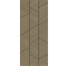 Dekoratives Wandpaneel mit Holzlamellen in geometrischem Muster auf dunklem Hintergrund.