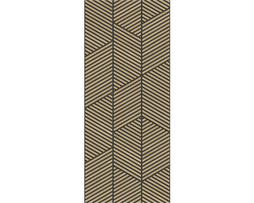 Dekoratives Wandpaneel mit Holzlamellen in geometrischem Muster auf dunklem Hintergrund.