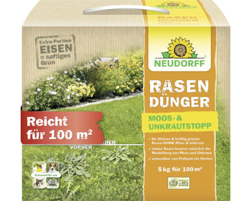Neudorff Rasendünger mit Moos- und Unkrautstopp, 5 Kilogramm für 100 Quadratmeter, enthält Eisen, sicher für Tiere.