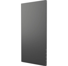 Dunkelgraue Seitenwand aus Metall für Regalsysteme mit Schlitzen zur Befestigung.