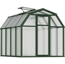 Gewächshaus mit grünem Metallrahmen, Hohlkammerplatten aus Polycarbonat und geöffnetem Dachfenster.