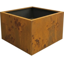 Quadratischer Pflanzkübel aus Metall in Rost-Optik für Garten und Terrasse.