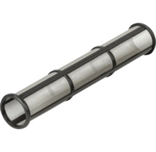 Zylindrischer Filter aus Metallgewebe mit schwarzem Kunststoffrahmen für Farbspritzgeräte.