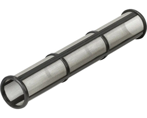 Zylindrischer Filter aus Metallgewebe mit schwarzem Kunststoffrahmen für Farbspritzgeräte.