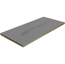 Swisspor Board Dämmplatte mit strukturierter grauer Oberfläche und gelbem Kern, gestapelt in drei Teilen.