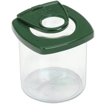 Klein Becherlupe zur Beobachtung von Insekten mit grünem Deckel, zweiter Vergrößerungslinse und Messskala am Boden.