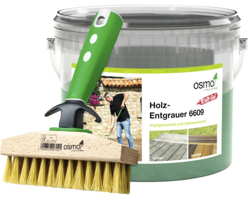 Osmo Holz-Entgrauer Kraft-Gel 6609 im Eimer mit Reinigungsbürste für Terrassen.