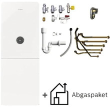 Bosch Gas-Brennwerttherme in Weiß mit rundem Display, inklusive Anschlussset aus Rohren und Ventilen, Siphon und Abgaspaket.