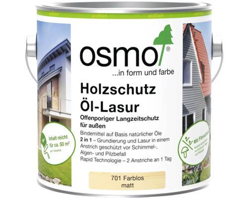 Osmo Holzschutz Öl-Lasur 701 Farblos matt, 2 in 1 Grundierung und Lasur für außen, schützt vor Schimmel und Algen, circa 50 Quadratmeter.