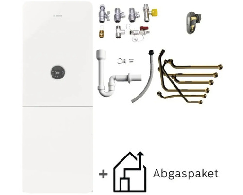Bosch Gas-Brennwerttherme mit Display, inklusive Montage-Set, Siphon, Anschlussrohren und Abgaspaket.