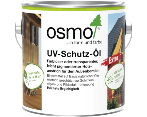 Osmo UV-Schutz-Öl Extra für den Außenbereich, farbloser Holzanstrich auf Naturölbasis, Reichweite circa 45 Quadratmeter.
