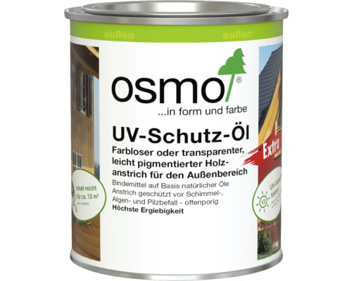 Osmo UV-Schutz-Öl Extra für außen, farbloser Holzanstrich auf Basis natürlicher Öle in Metalldose, Ergiebigkeit circa 13 Quadratmeter.