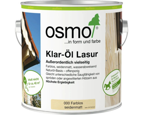 Osmo Klar-Öl Lasur farblos seidenmatt für außen auf Naturöl-Basis Reichweite circa 40 Quadratmeter sicher für Mensch Tier und Pflanze.