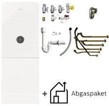 Weiße Bosch Gas-Brennwerttherme inklusive Montagezubehör, Siphon, Anschlussrohren und Abgaspaket.