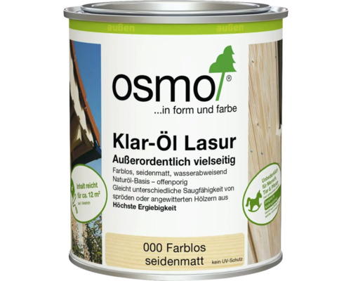 Osmo Klar-Öl Lasur farblos seidenmatt für den Außenbereich auf Naturöl-Basis, offenporig und wasserabweisend, Ergiebigkeit circa 12 Quadratmeter.