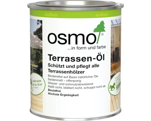 Osmo Terrassenöl für den Außenbereich, seidenmatt, biozidfrei, wasserabweisend, Ergiebigkeit circa 18 Quadratmeter, Osmo Logo.