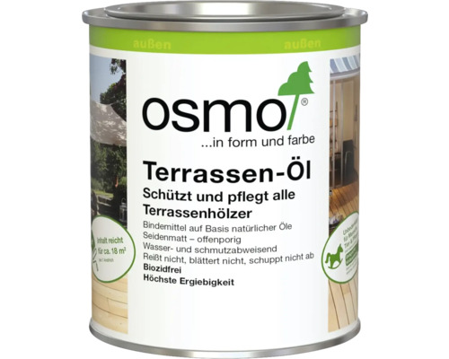 Dose Osmo Terrassen-Öl für den Außenbereich, schützt und pflegt Terrassenholz, seidenmatt, reicht für circa 18 Quadratmeter.