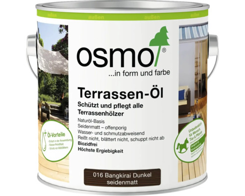Osmo Terrassen-Öl 016 Bangkirai Dunkel seidenmatt, Holzschutz auf Naturölbasis für Terrassenhölzer im Außenbereich, Osmo Logo.