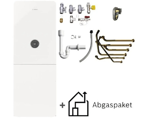 Bosch Gas-Brennwerttherme in Weiß mit rundem Display, inklusive Anschlussset aus Rohren und Ventilen, Siphon und Abgaspaket.