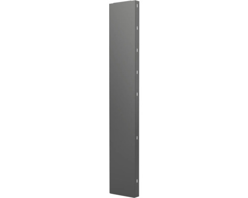 Lange, schmale Seitenwand aus Metall in Anthrazit mit seitlichen Montageschlitzen für Regalsysteme oder Schränke.