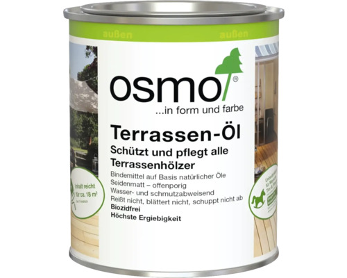 Dose Osmo Terrassen-Öl für außen, biozidfrei, schützt Holzterrassen, auf Basis natürlicher Öle, seidenmatt, Reichweite circa 18 Quadratmeter.