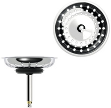 Siebkörbchen für Spüle aus Edelstahl mit Dichtung und Führungsstift, Ansicht von oben und von der Seite.