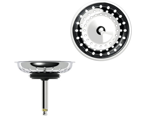 Siebkörbchen für Spüle aus Edelstahl mit Dichtung und Führungsstift, Ansicht von oben und von der Seite.