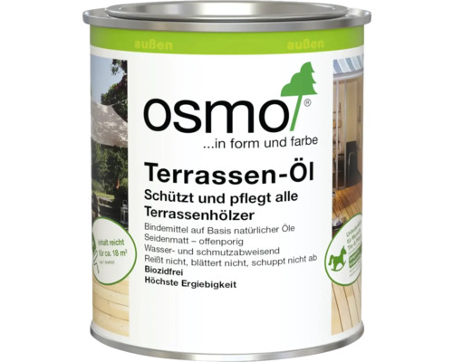 Osmo Terrassen-Öl für den Außenbereich. Schützt und pflegt Terrassenhölzer. Seidenmatt, wasserabweisend, biozidfrei. Osmo Logo.