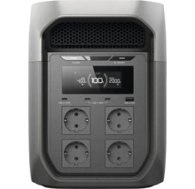 Vorderansicht einer tragbaren Powerstation mit LCD-Display, USB-C-Anschlüssen, USB-A-Anschlüssen und vier Steckdosen.