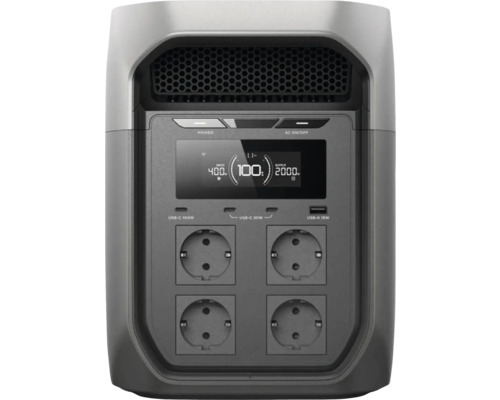Vorderansicht einer tragbaren Powerstation mit LCD-Display, USB-C-Anschlüssen, USB-A-Anschlüssen und vier Steckdosen.