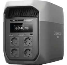 Tragbare EcoFlow Powerstation mit vier Steckdosen, USB Anschlüssen und einer digitalen Anzeige für den Batteriestatus.