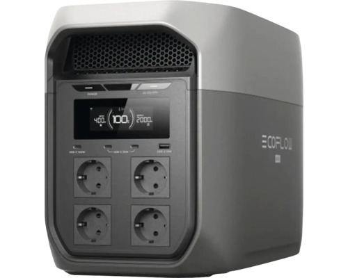 Tragbare EcoFlow Powerstation mit vier Steckdosen, USB Anschlüssen und einer digitalen Anzeige für den Batteriestatus.