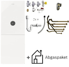 Bosch Gas-Brennwertgerät mit digitaler Anzeige, Abgaspaket und Installationsset bestehend aus Rohren, Ventilen und Siphon.