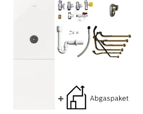 Bosch Gas-Brennwertgerät mit digitaler Anzeige, Abgaspaket und Installationsset bestehend aus Rohren, Ventilen und Siphon.