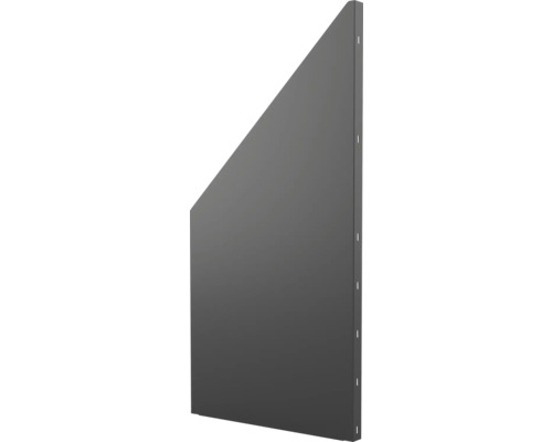 Dunkelgraue schräge Seitenwand aus Metall mit Befestigungslöchern.