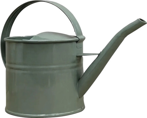 Graue Gießkanne aus Metall mit Tragegriff und langem Ausguss.