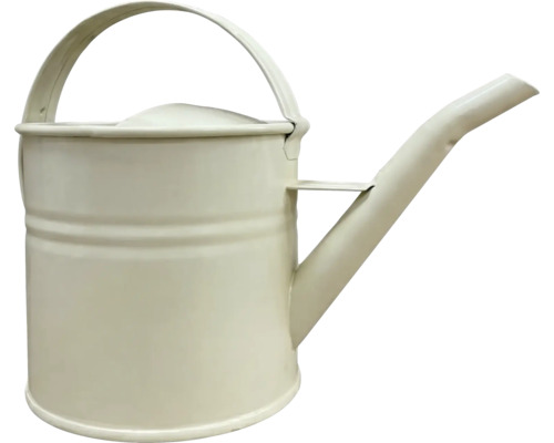 Gießkanne aus Metall in Creme mit großem Tragegriff und langem Ausguss.